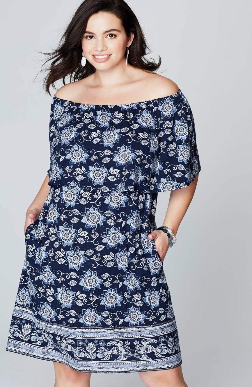 New J. Jill Floral Dress Blue Elasticized Boat Neck Side Pocket Half Sleeve Sz L